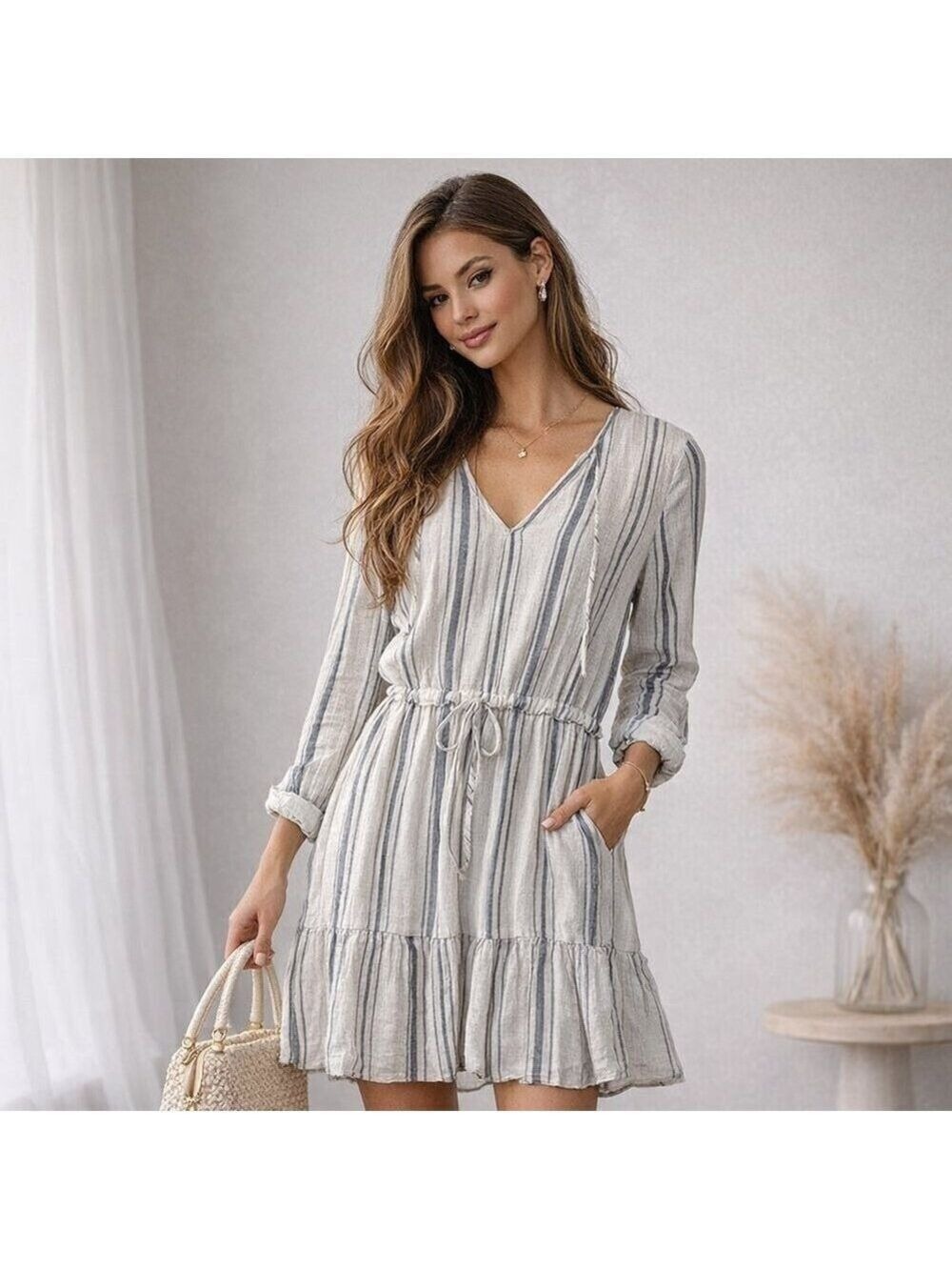 Rails Striped Mini Dress Cream Gray Blue Long Sleeve Cinched Waist XS 0472